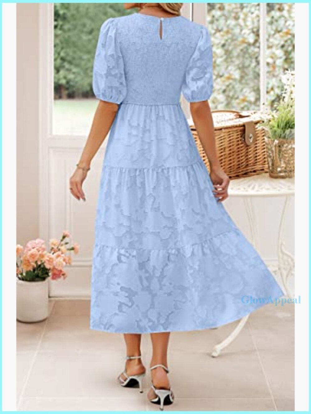 Summer Puff Sleeve Smocked Maxi Dress Floral Lace Tiered Midi - Picture 4 of 7